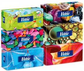 6x Kleenex Veltie kapesníky Design Box 70 ks dvouvrstvé